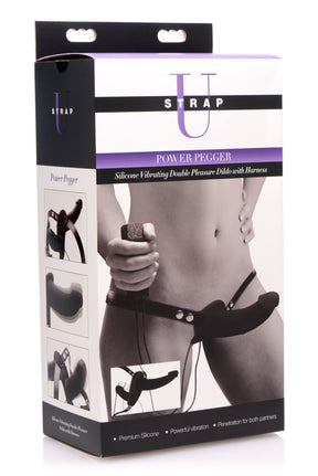 XR Brands Power Pegger Double Vibrating Silicone Dildo with Harness — Black - SU-AF475-BLACK