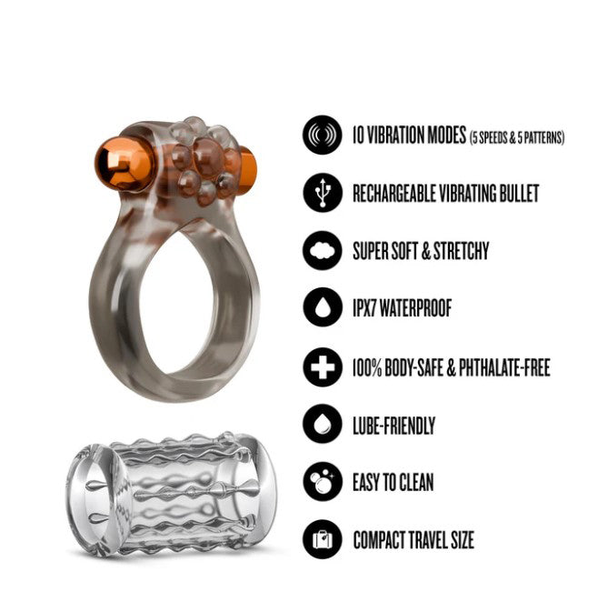Blush Stay Hard Vibrating Cock Ring Set with Textured Sleeve - BL-74129