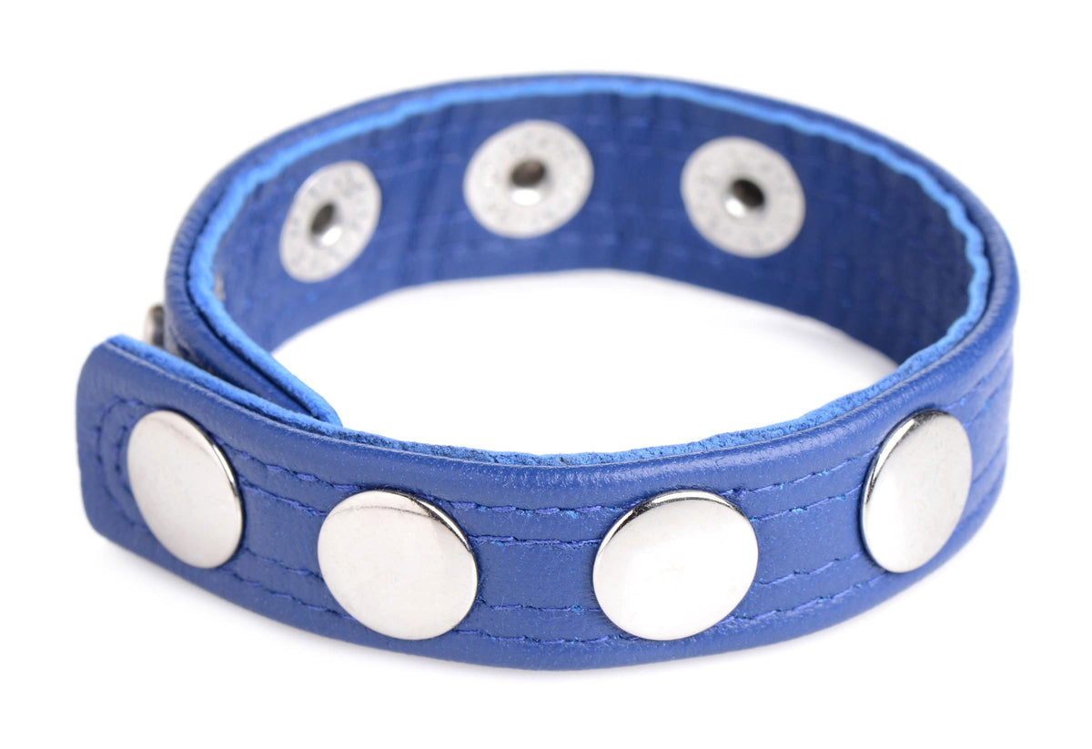 XR Brands Cock Gear Leather Speed Snap Cock Ring — Blue - STR-AG845-BLU