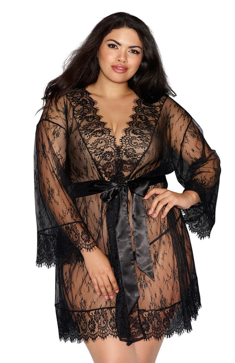 Dreamgirl Lace Kimono Robe with Satin Belt — 2X Black - DG-11078XBLK2X