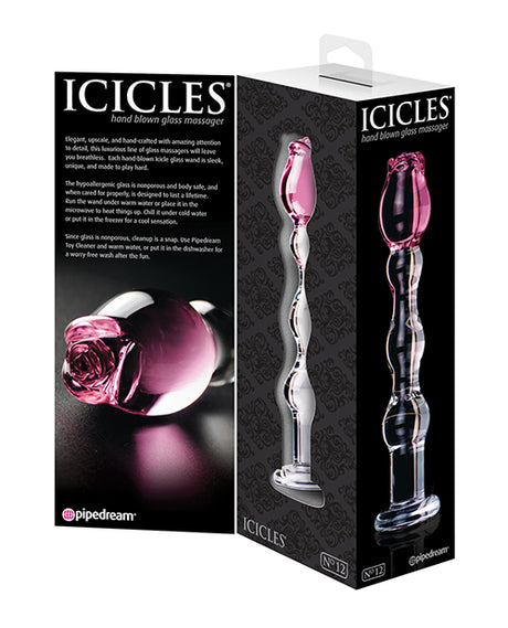 Icicles No. 12 Hand-Blown Glass Massager — Clear with Rose Tip