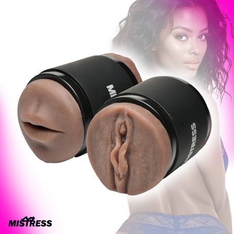 Mistress Double Shot Mouth & Pussy Stroker — Dark, 4 inch Insert - 653078943177