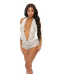 Sheer Lace Deep V Halter Bodysuit w/Open Crotch White XL by Popsi Lingerie