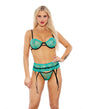 Sheer Lace Underwire Bra, Garter Belt & Panty Green LG by Popsi Lingerie