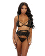 Eyelash Lace Bra, High Waist Garter Belt & G-String Black LG by Popsi Lingerie