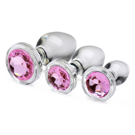 XR Brands Pink Gem Glass Anal Plug Set — 3 Sizes - BTYS-AG431