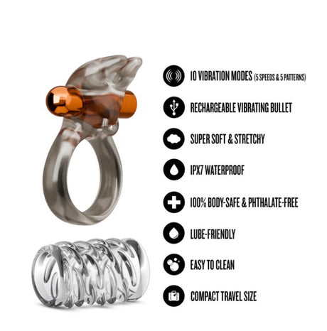 Blush Stay Hard Vibrating Cock Ring Set with Textured Sleeve - BL-74209