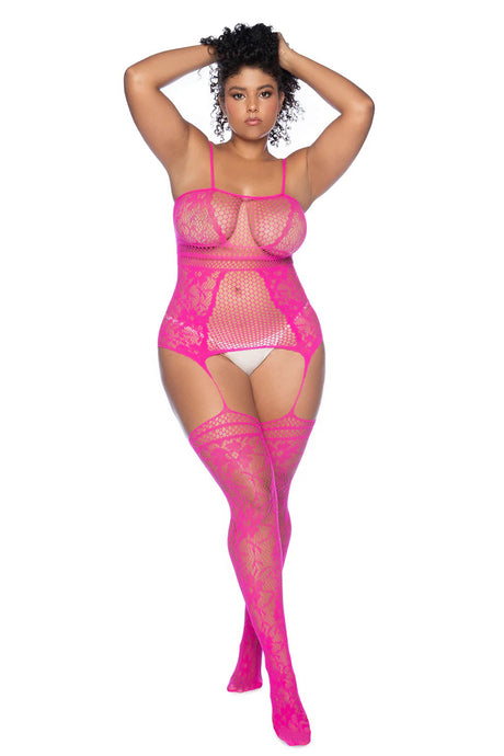 Mapale Curvy Aria Fishnet Body Stocking — Size X, Pink - GE-1105XNPOS