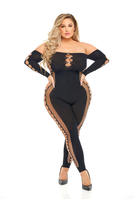 Pink Lipstick Diamond Drippin Off-Shoulder Bodystocking — Queen Size, Black - PKL-27057XBLKQ
