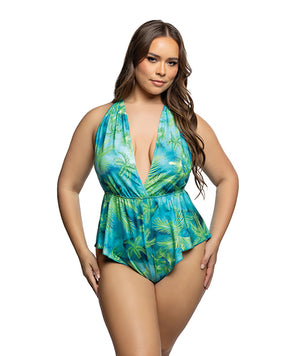 Tropical Dream Romper w/Jungle Print, Flared Leg Opening, & Cheeky Back - Green/Blue 1X/2X by Roma Confidential