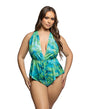 Tropical Dream Romper w/Jungle Print, Flared Leg Opening, & Cheeky Back - Green/Blue 1X/2X by Roma Confidential