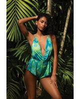 Tropical Dream Romper w/Jungle Print, Flared Leg Opening, & Cheeky Back - Green/Blue L/XL by Roma Confidential