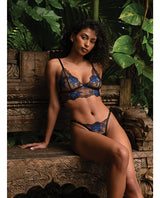 After Midnight Lace Embroidered Metallic Peony Bralette & Thong 2 pc Set - Black/Blue LG by Roma Confidential