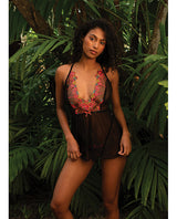 Midnight Rose Multicolor Floral Embroidered Lace Baby Doll - Black/Hot Pink SM by Roma Confidential
