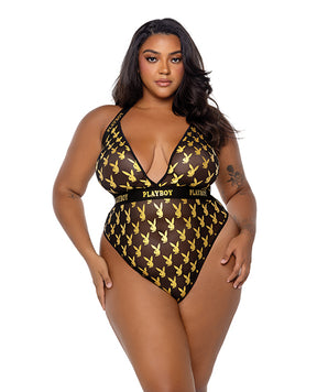 Playboy Bunny Gold Foil Halter Teddy - Black/Gold 2X by Playboy by Roma