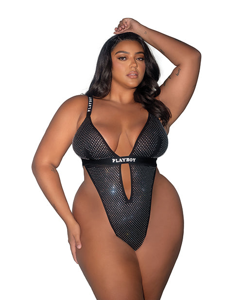 Playboy Disco Fever Rhinestone & Spandex Teddy - Black 1X by Playboy by Roma