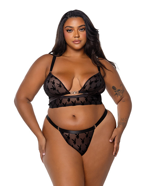 Playboy Bunny Charm Mesh Bralette w/Thong 2 pc Set - Black 2X by Playboy by Roma