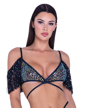 Sequin Fishnet Fringe Top - Black/Multi LG by Roma Confidential