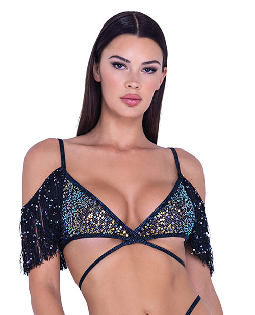 Sequin Fishnet Fringe Top - Black/Multi SM by Roma Confidential