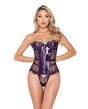 Sugar Plum Scalloped Eyelash Lace & Faux Leather Bustier w/Steel Boning & Thong Purple SM by Roma Confidential
