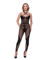 Flirty Fetish Fishnet & Faux Leather Catsuit w/Satin Trim Black LG by Roma Confidential