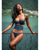 Eden Scalloped Eyelash Lace & Wet Look Waspie 3 pc Set - Teal XL by Roma Confidential