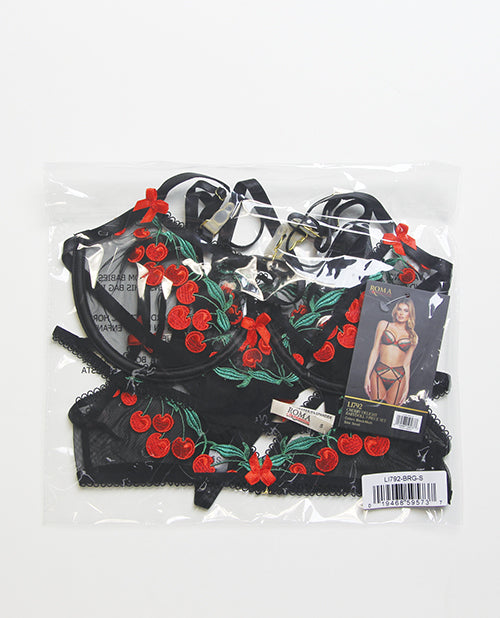 Cherry Delight Embroidered Lace and Mesh Underwire Bra w/Garter & G-String 3 pc Set - Black SM by Roma Confidential