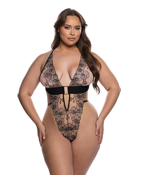 Orchid Blossom Embroidered Teddy - Black/Nude 2X by Roma Confidential