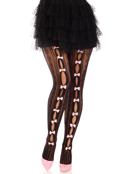 Sweetheart Striped Net Tights With Keyhole and Mini Bow Detail - One Size - Black by Leg Avenue