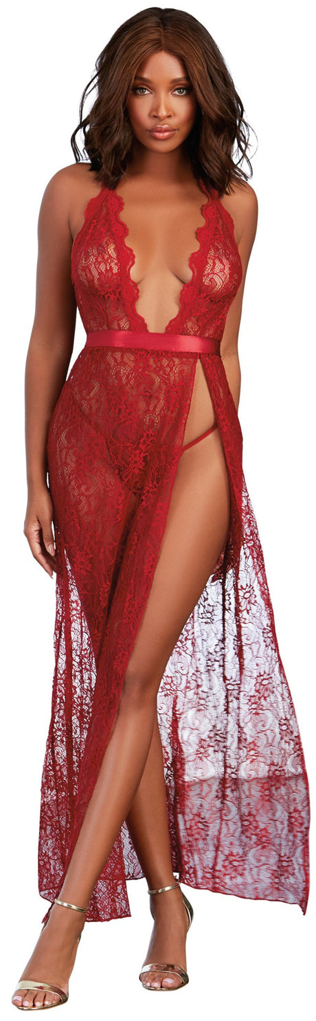 Dreamgirl Long Lace Gown with G-String — Medium, Garnet - DG-10460GARM