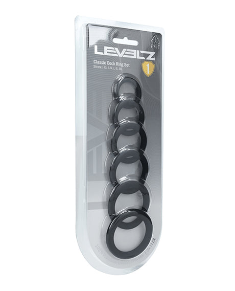 Shots Levelz Classic Silicone Cock Ring Set of 6 All Sizes - Black by Levelz