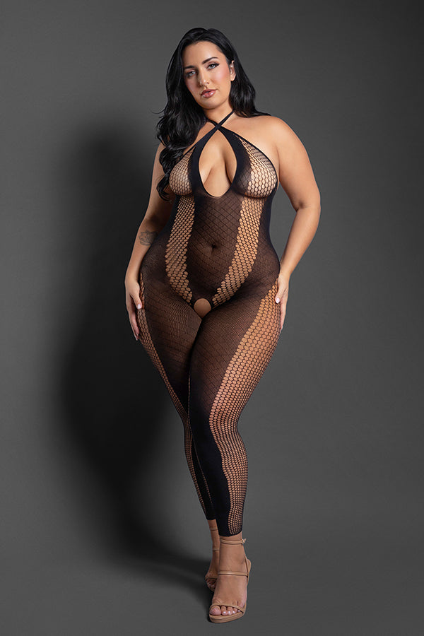 Fantasy Lingerie Make Your Move Footless Open-Crotch Bodystocking, Queen — Black - FL-SF1020-QS-B