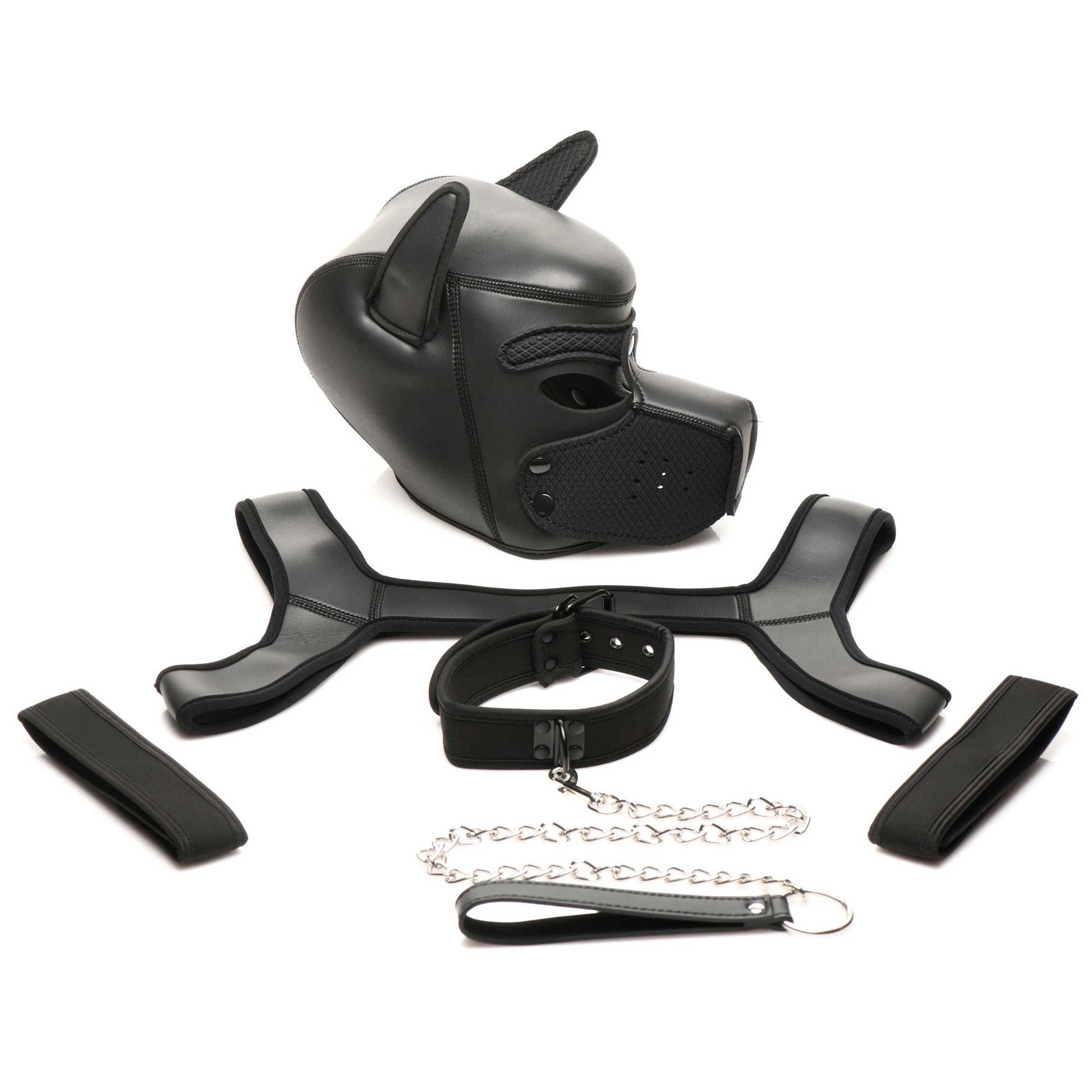 "Full Pup Arsenal Set Neoprene Puppy Hood, Chest  Harness, Collar With Leash and Arm Band - Black MS-AH170"