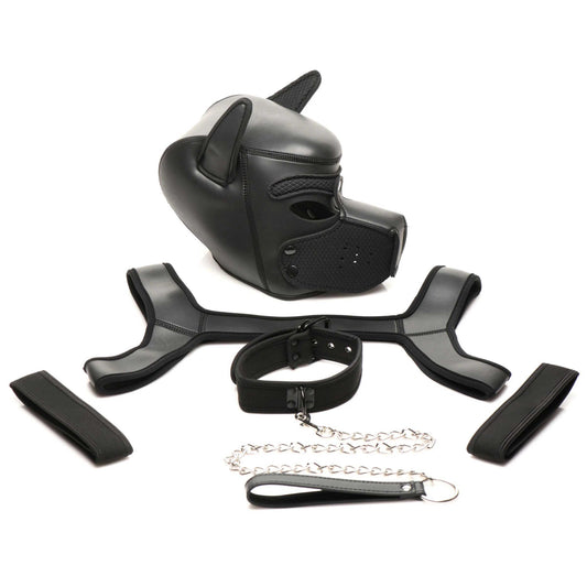 "Full Pup Arsenal Set Neoprene Puppy Hood, Chest  Harness, Collar With Leash and Arm Band - Black MS-AH170"