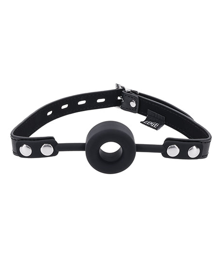 Edge Silicone Ring Gag, Black - Adjustable Faux Leather Strap