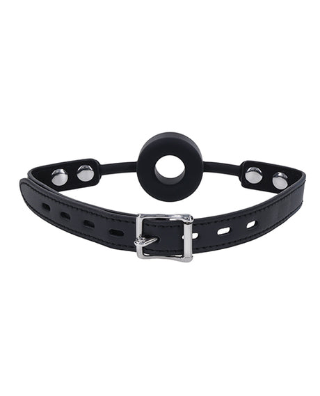 Edge Silicone Ring Gag, Black - Adjustable Faux Leather Strap