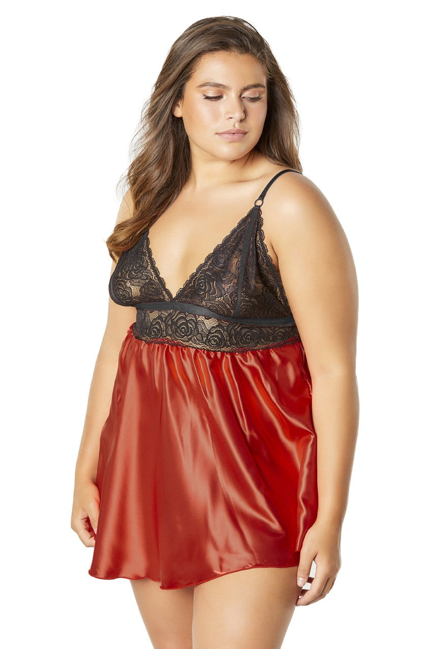 Lace Cup Satin Empire Body Babydoll With Contrast Color Piping + G-String - Black/red - 3x4x by Oh Lá Lá Chéri
