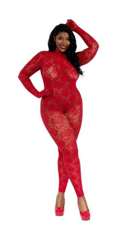 Dreamgirl Gloved Bodystocking — Red (90% Nylon, 10% Spandex) - DG-0516XRD