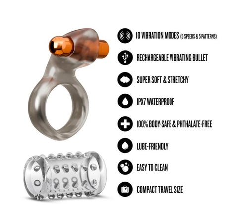 Blush Stay Hard Vibrating Cock Ring Set with Textured Sleeve - BL-73409