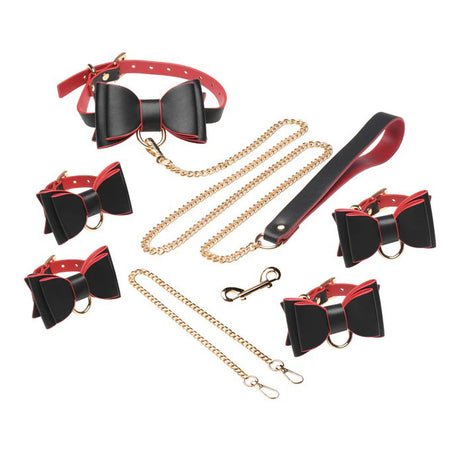 XR Brands Goth Bondage Set — Faux Leather Collar, Leash & Cuffs - MS-AH824
