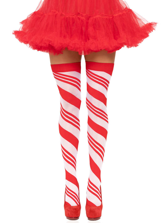 Leg Avenue Candy Cane Thigh Highs — One Size White/Red - LA-6628WHTRED