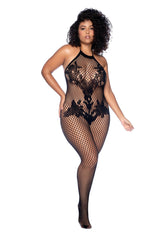 Mapale Vino Noir Floral Fishnet Bodystocking, Crotchless O/sx Black - GE-1116XBKOS