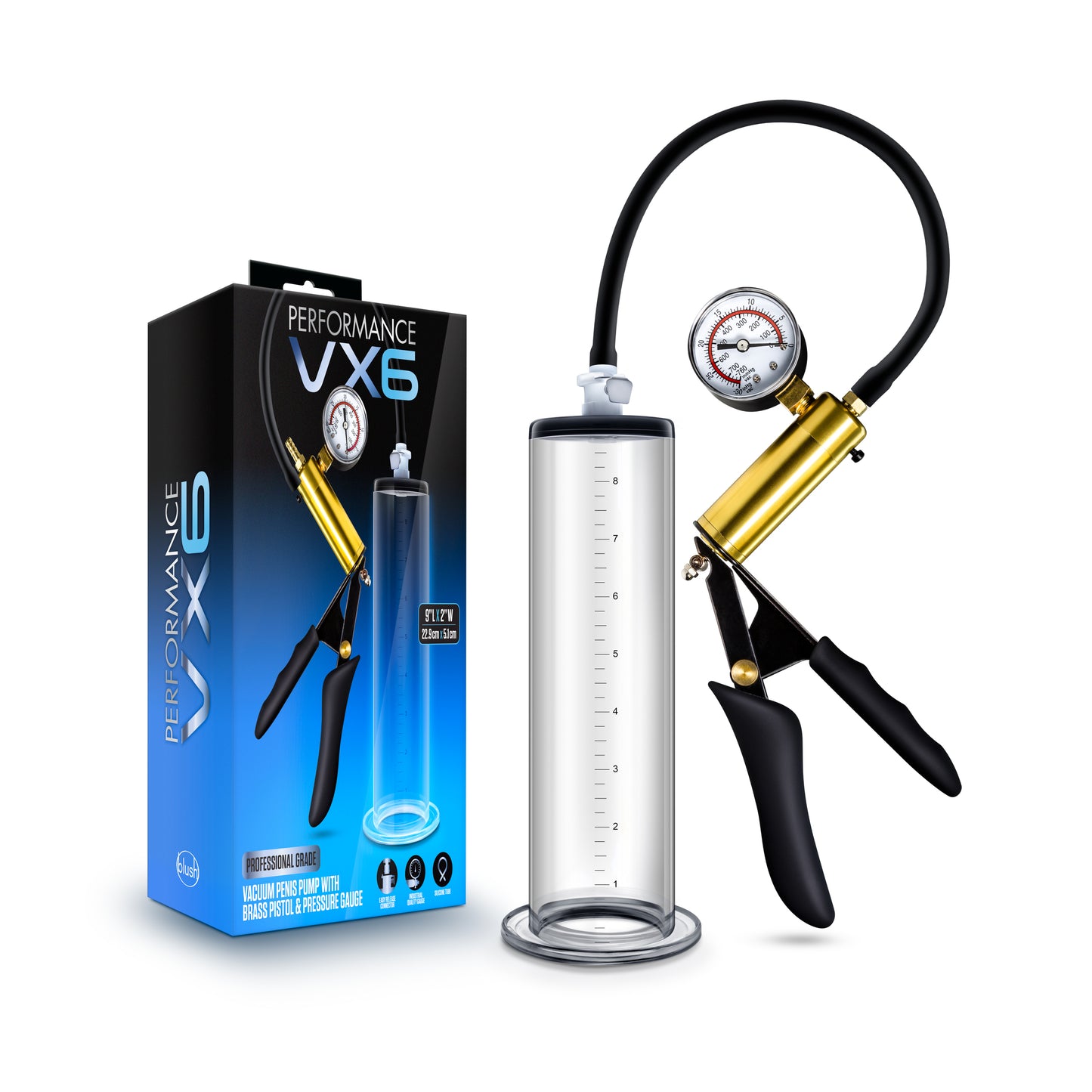 Performance - Vx6 Vacuum Penis Pump With Brass Pistol & Pressure Gauge - Clear by Blush