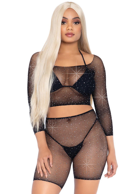 2 Pc Rhinestone Fishnet Crop Top and Biker Shorts - Black - One Size by Leg Avenue
