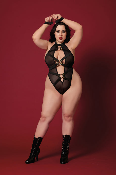 Dreamgirl Fetish Teddy with Restraints — Queen Size, Black - DG-12816XBKQS