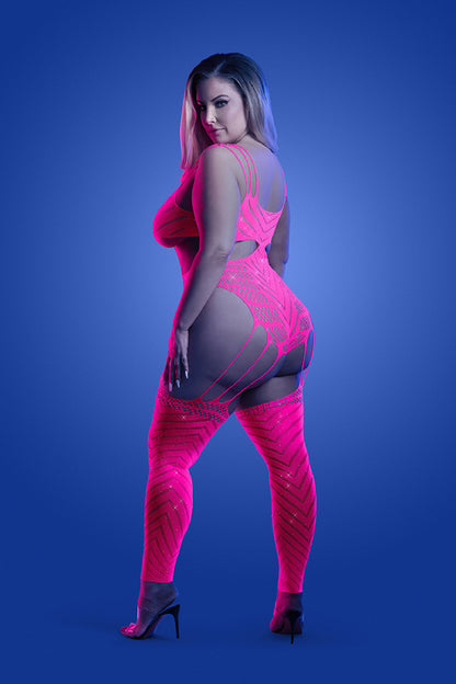 Wavelength Cutout Rhinestone Teddy Bodystocking - Queen - Neon Pink by Fantasy Lingerie