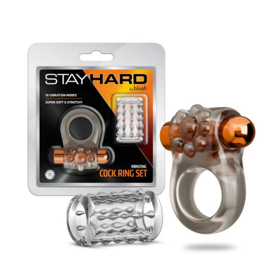 Blush Stay Hard Vibrating Cock Ring Set with Textured Sleeve - BL-74129