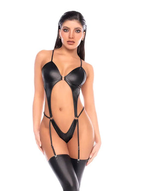 Mapale Wet-Look Bodysuit Teddy with Garters — Small/Medium, Black - GE-2826BKSM