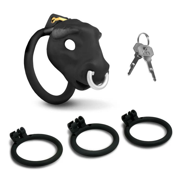 XR Brands Bull Chastity Cage — Black, 4 Graduated Rings - MS-AH664-BLACK