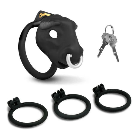 XR Brands Bull Chastity Cage — Black, 4 Graduated Rings - MS-AH664-BLACK